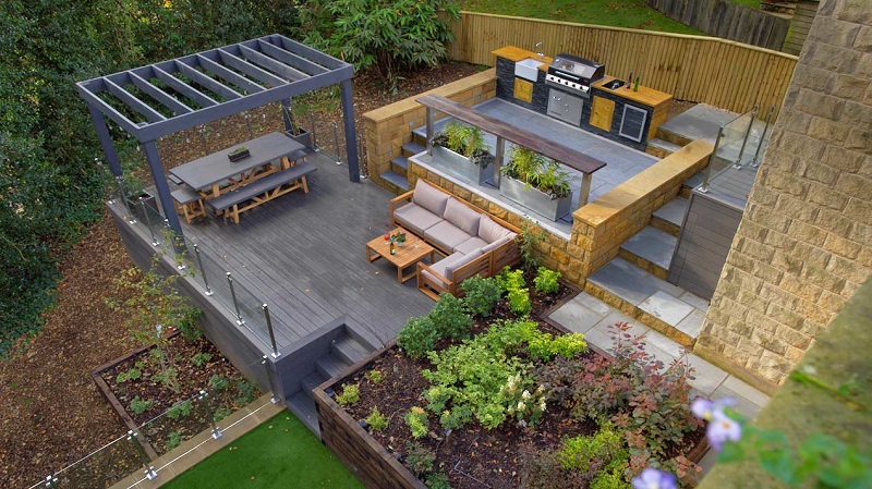 from above look of an garden and outdoor kitchen